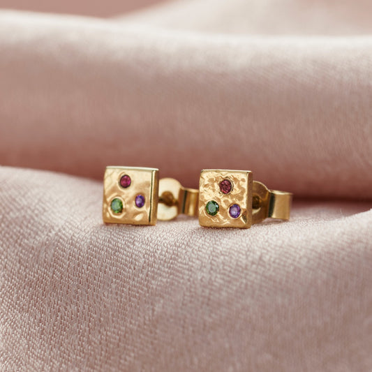 Square Textured Confetti Birthstone Stud Earrings