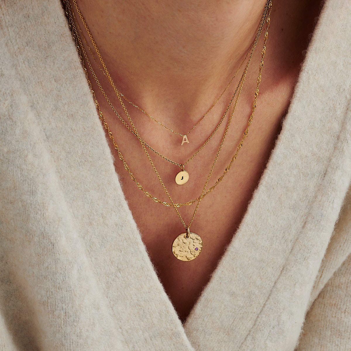 Mini Hammered Disc Initial Necklace