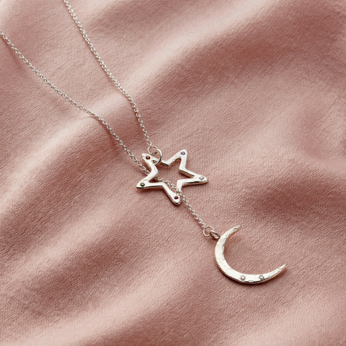 Confetti Birthstone Moon & Star Lariat Necklace