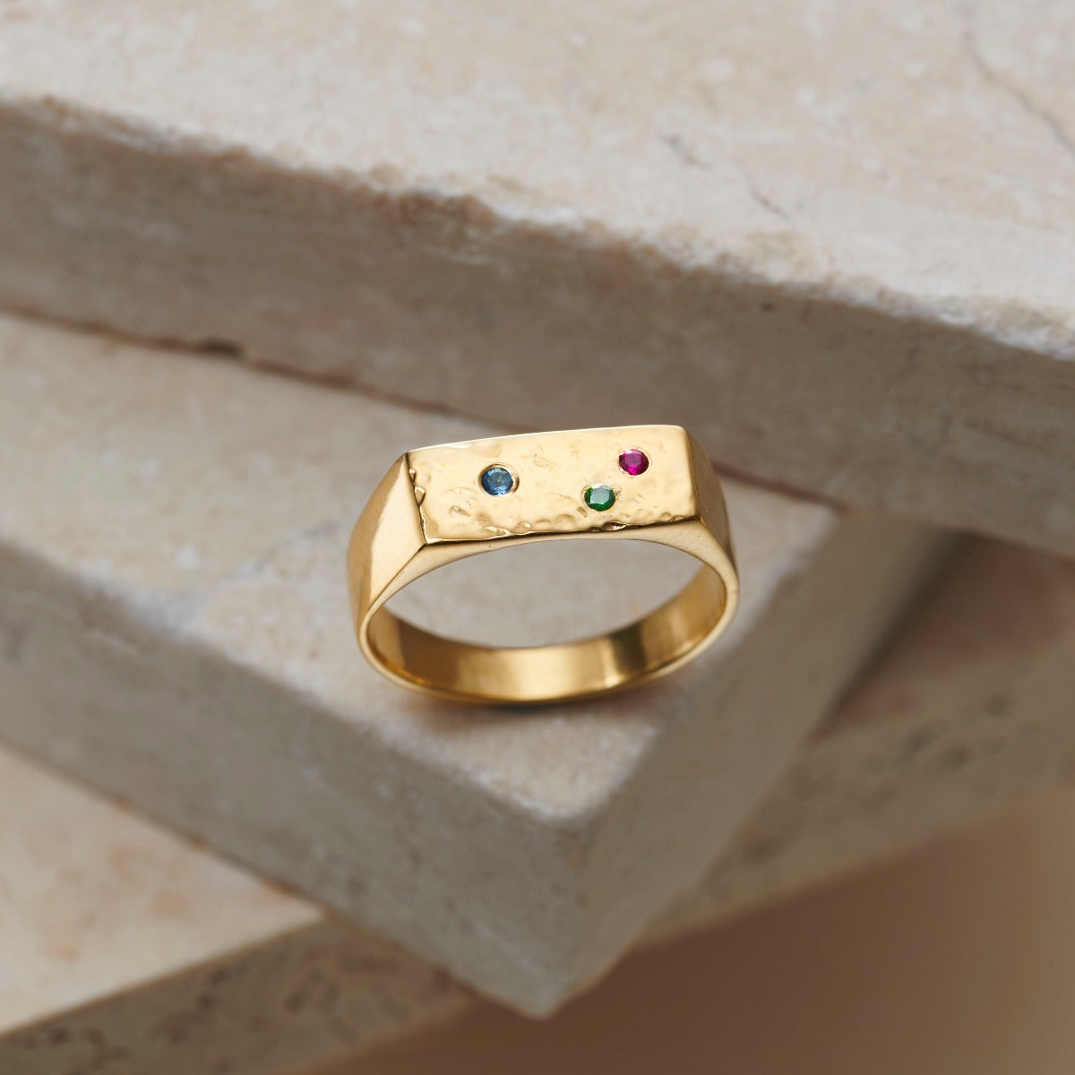 Personalised Rectangle Confetti Birthstone Signet Ring