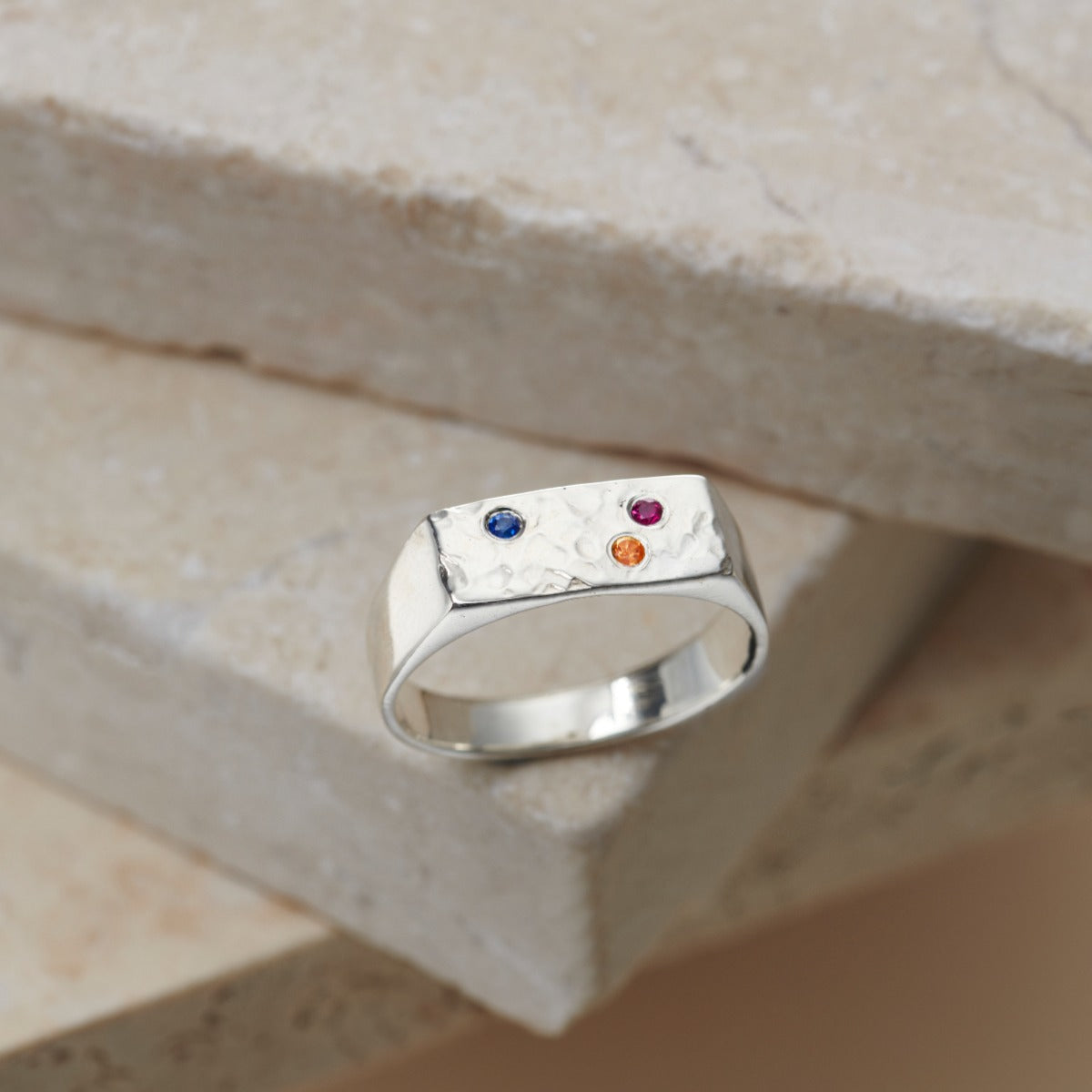 Personalised Rectangle Confetti Birthstone Signet Ring