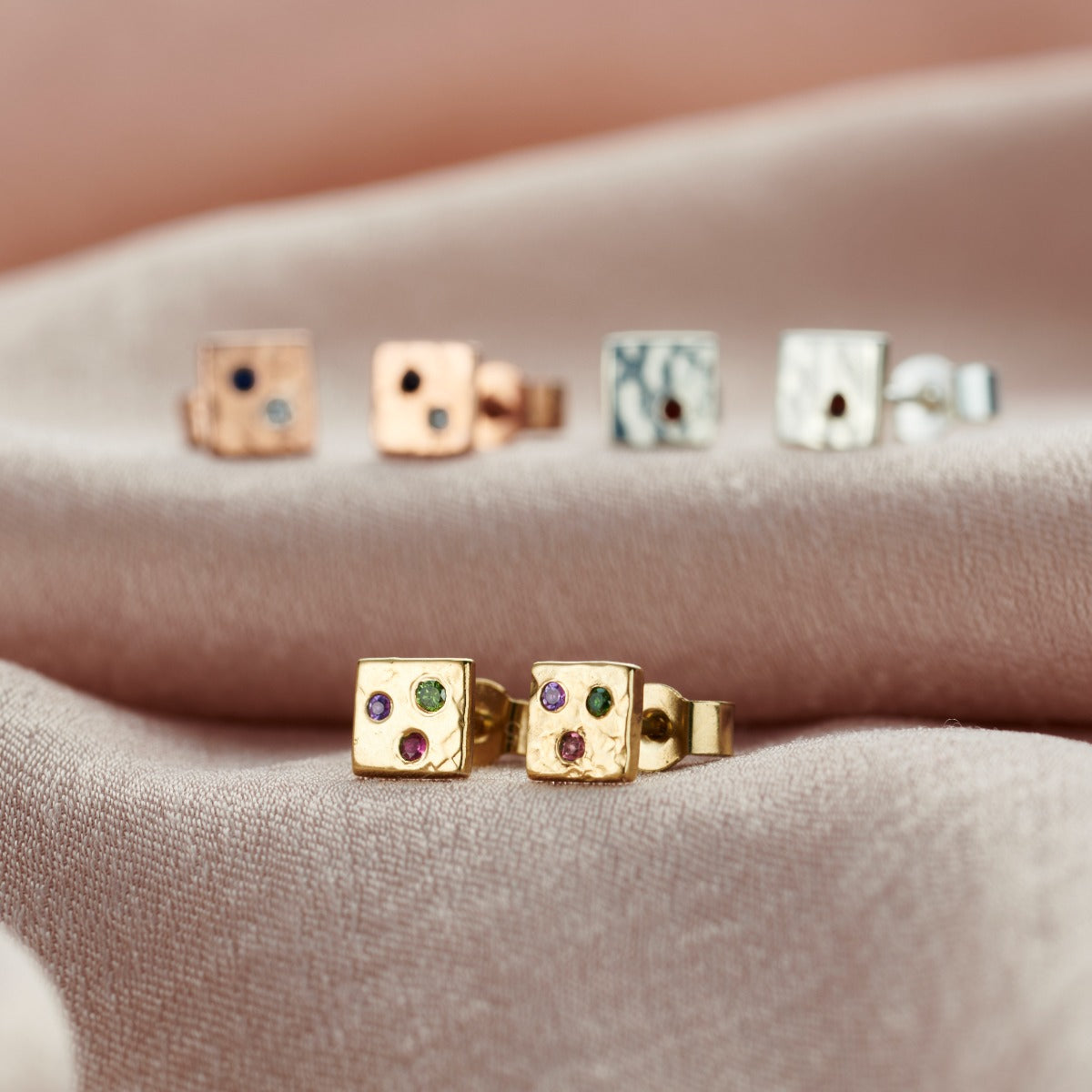 Square Textured Confetti Birthstone Stud Earrings