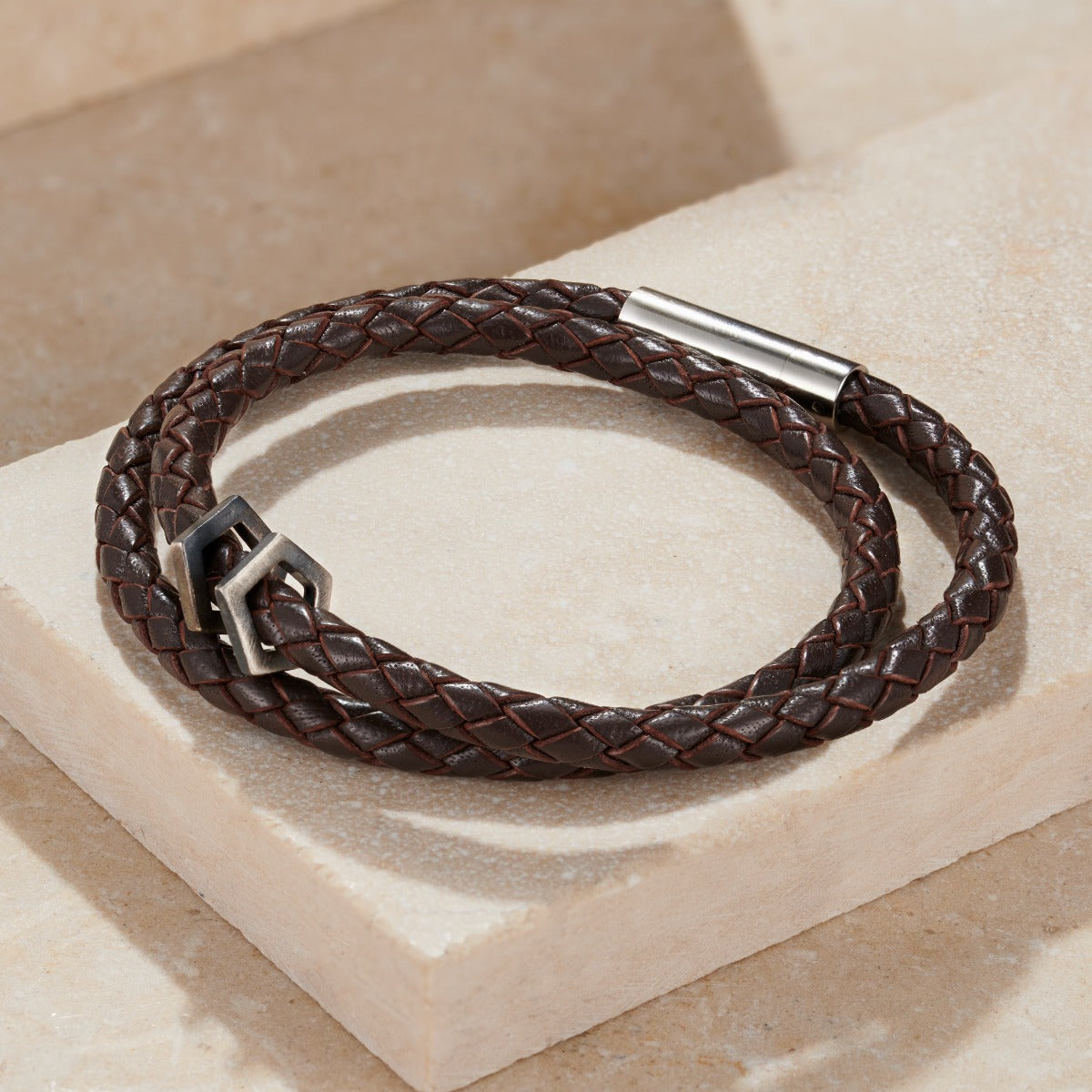 Personalised Men's Silver & Leather Geometric Bracelet