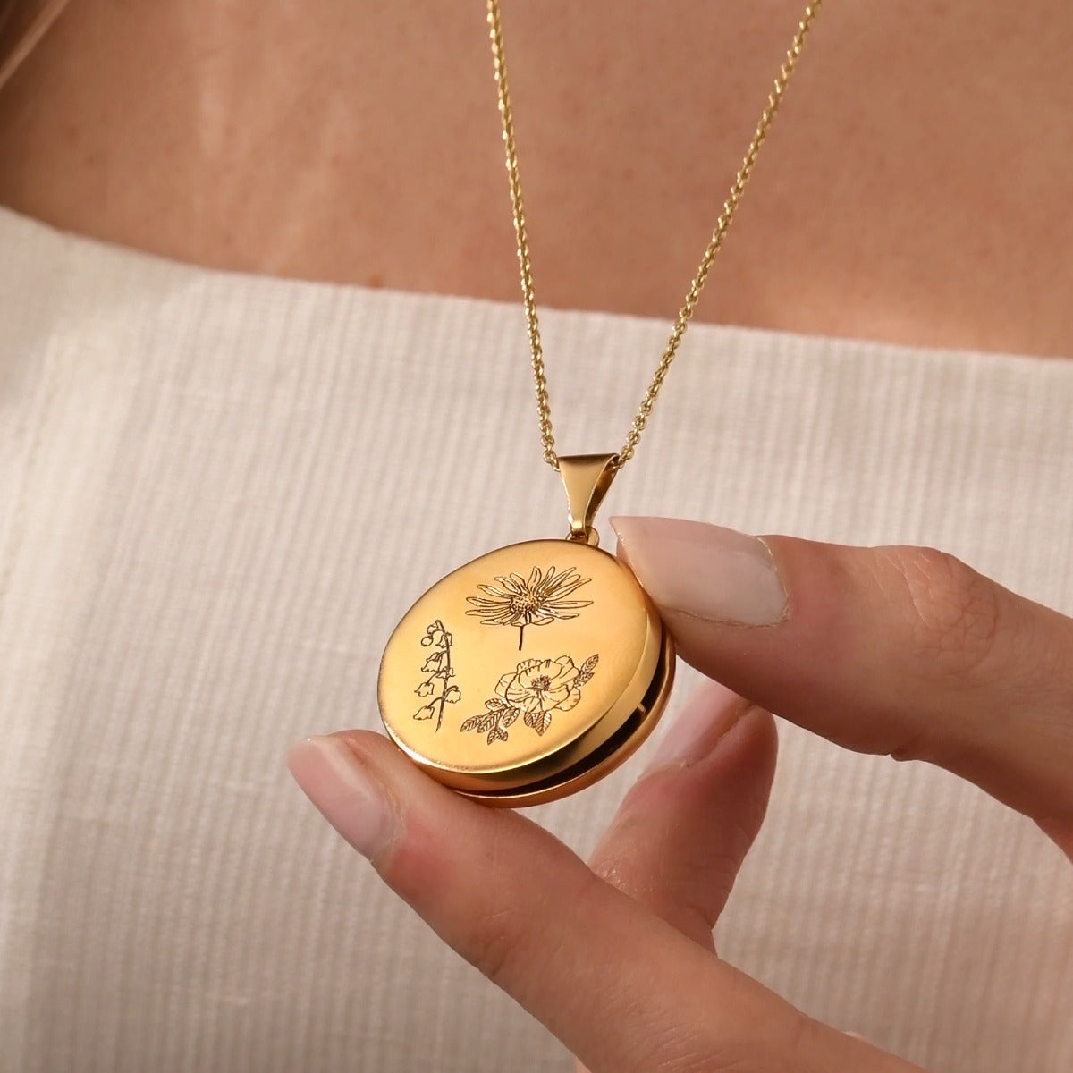 Engraved Family Birth Flower Locket Necklace