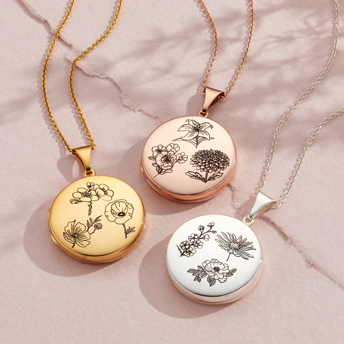 Engraved Family Birth Flower Locket Necklace