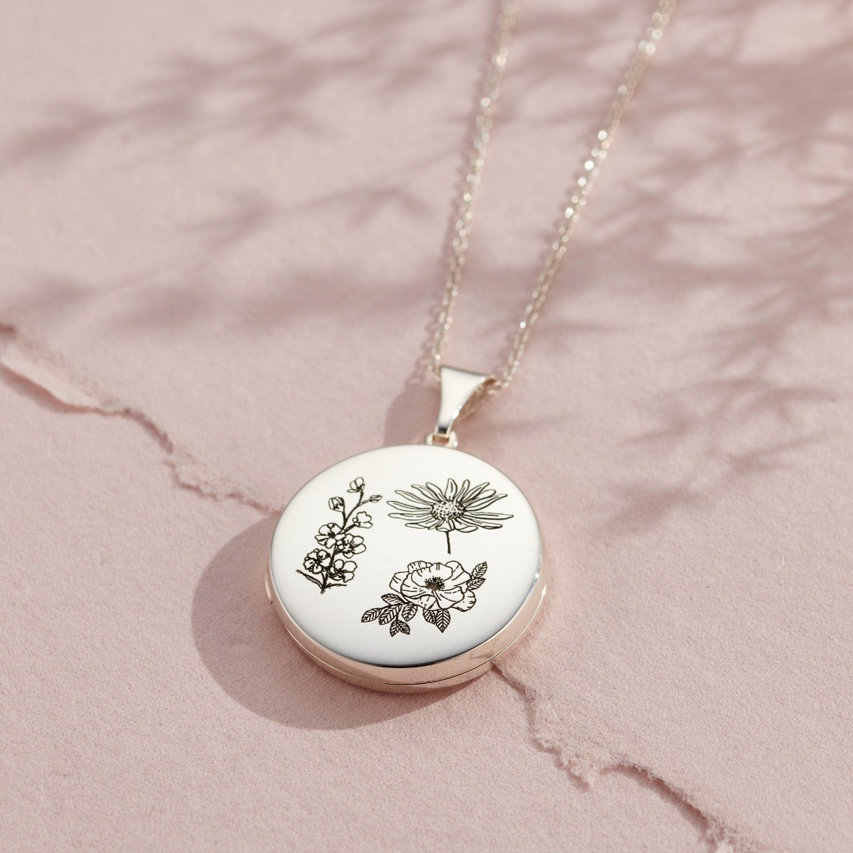 Engraved Family Birth Flower Locket Necklace