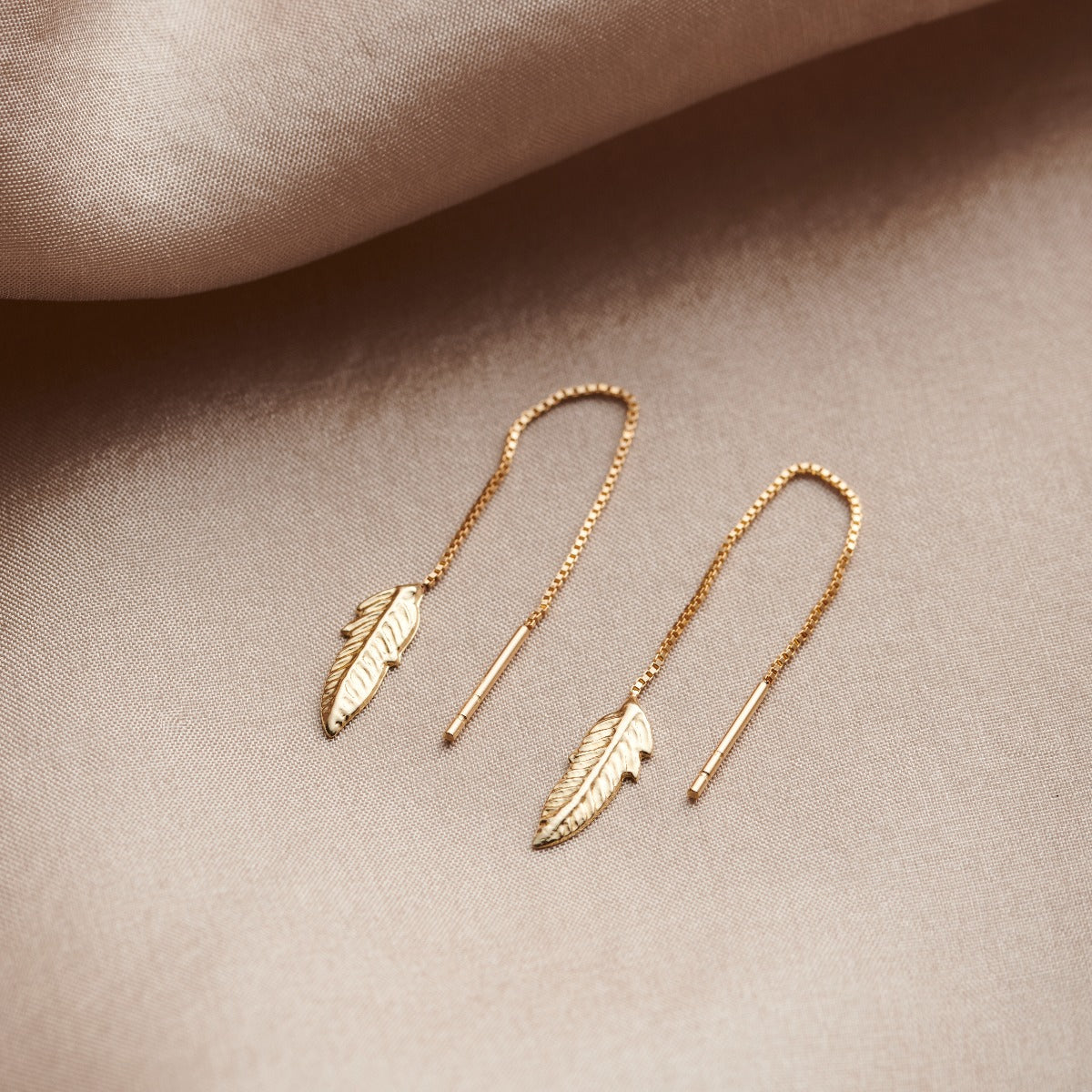 Feather 9ct Gold Pull through Earrings