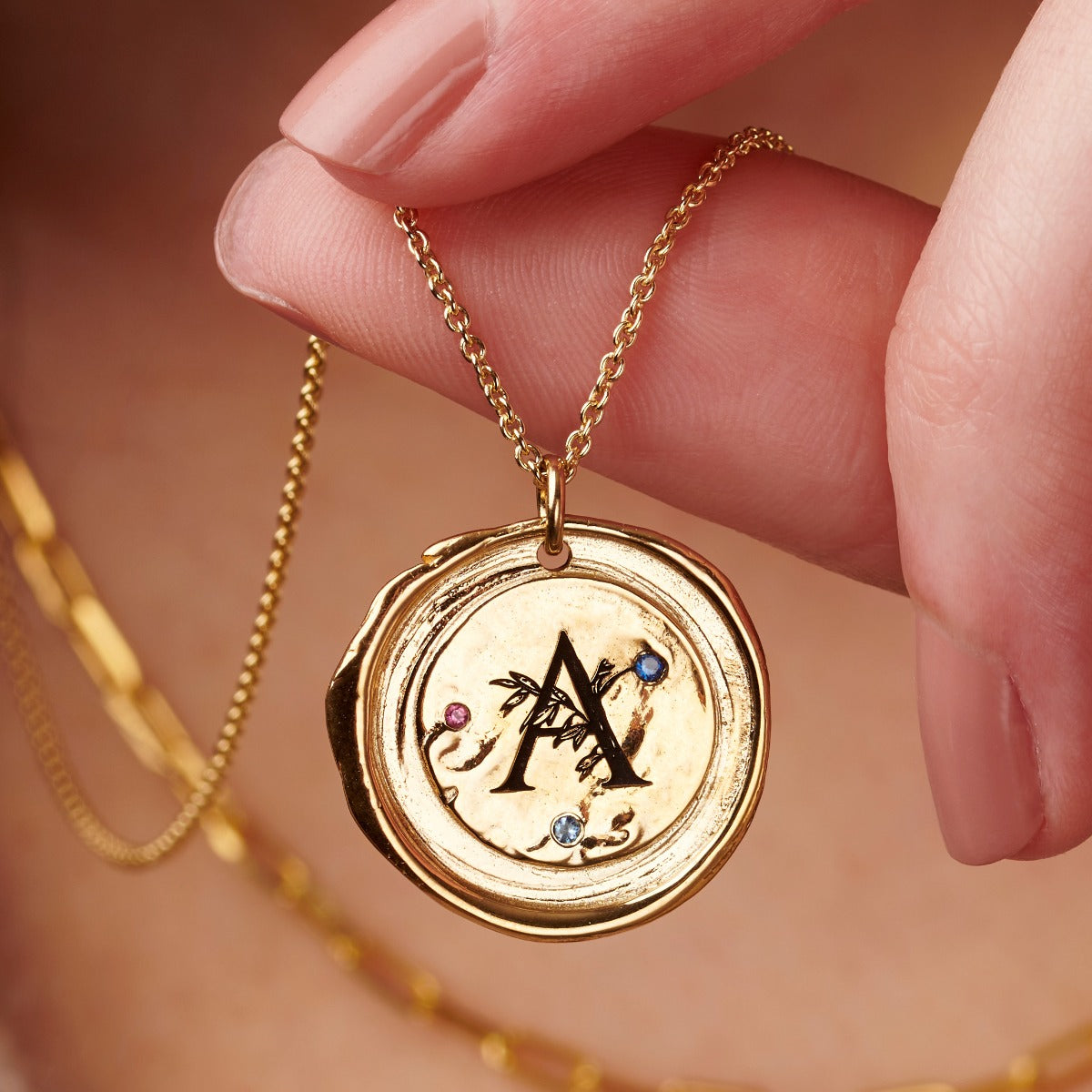 Floral Initial Wax Seal Birthstone Necklace