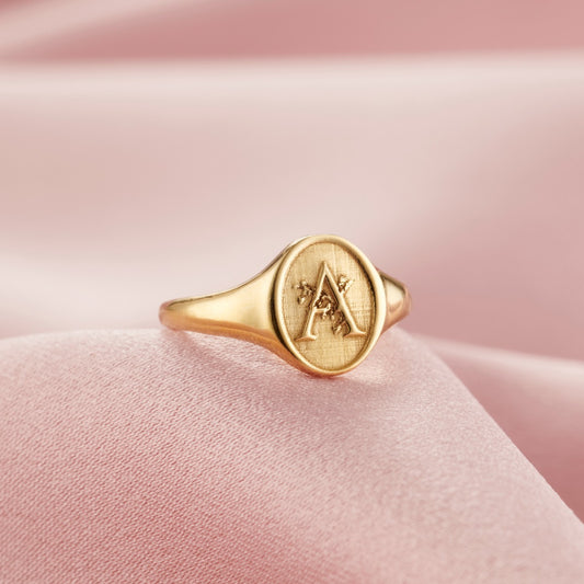 Floral Engraved Initial Signet Ring