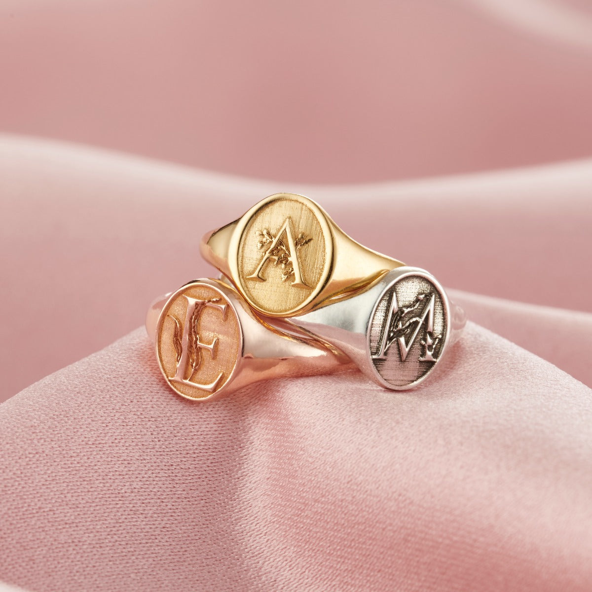 Floral Engraved Initial Signet Ring