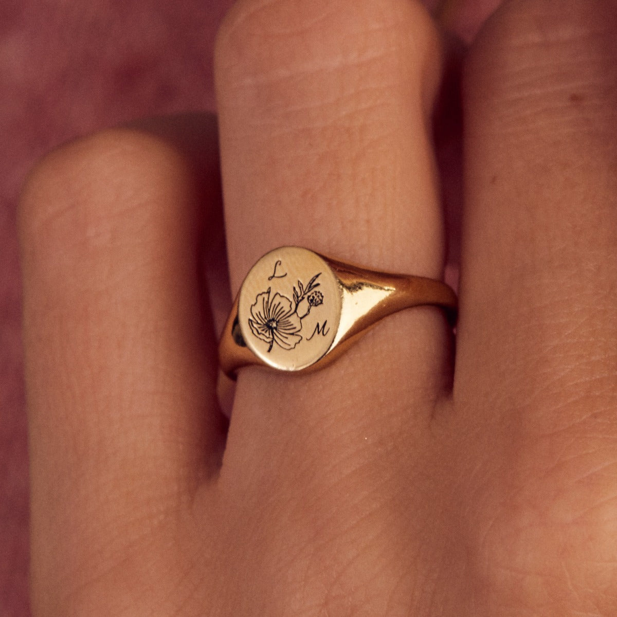 Engraved Birth Flower Initials Signet Ring