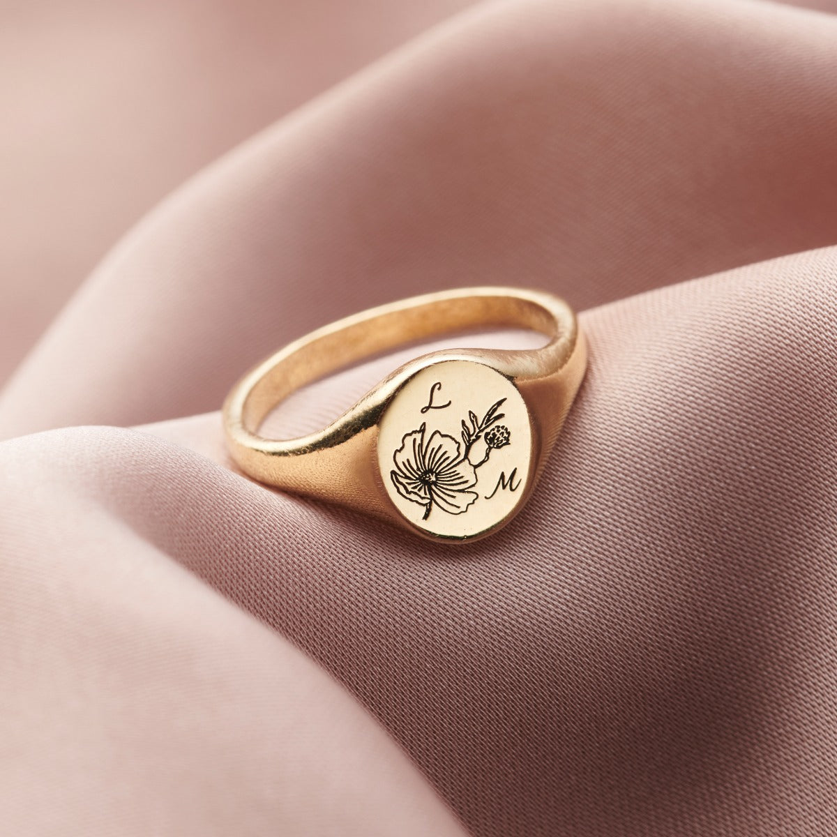 Engraved Birth Flower Initials Signet Ring