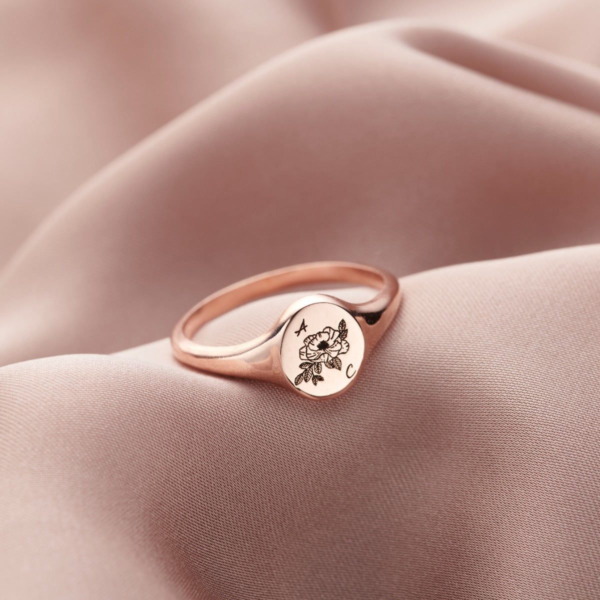 Engraved Birth Flower Initials Signet Ring