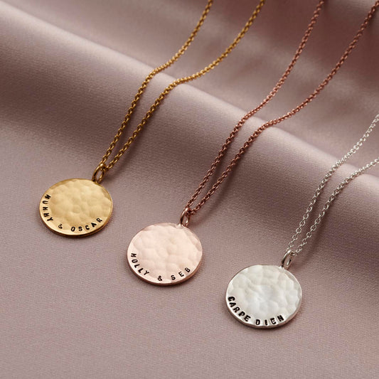 Personalised Curved Message Hammered Disc Necklace