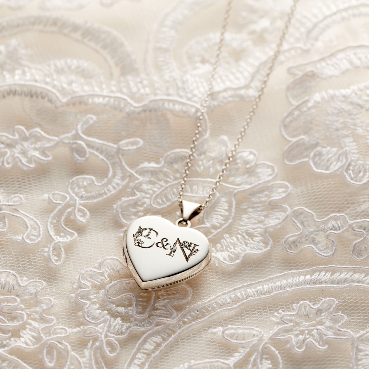 Floral Wedding Initials Heart Locket Necklace