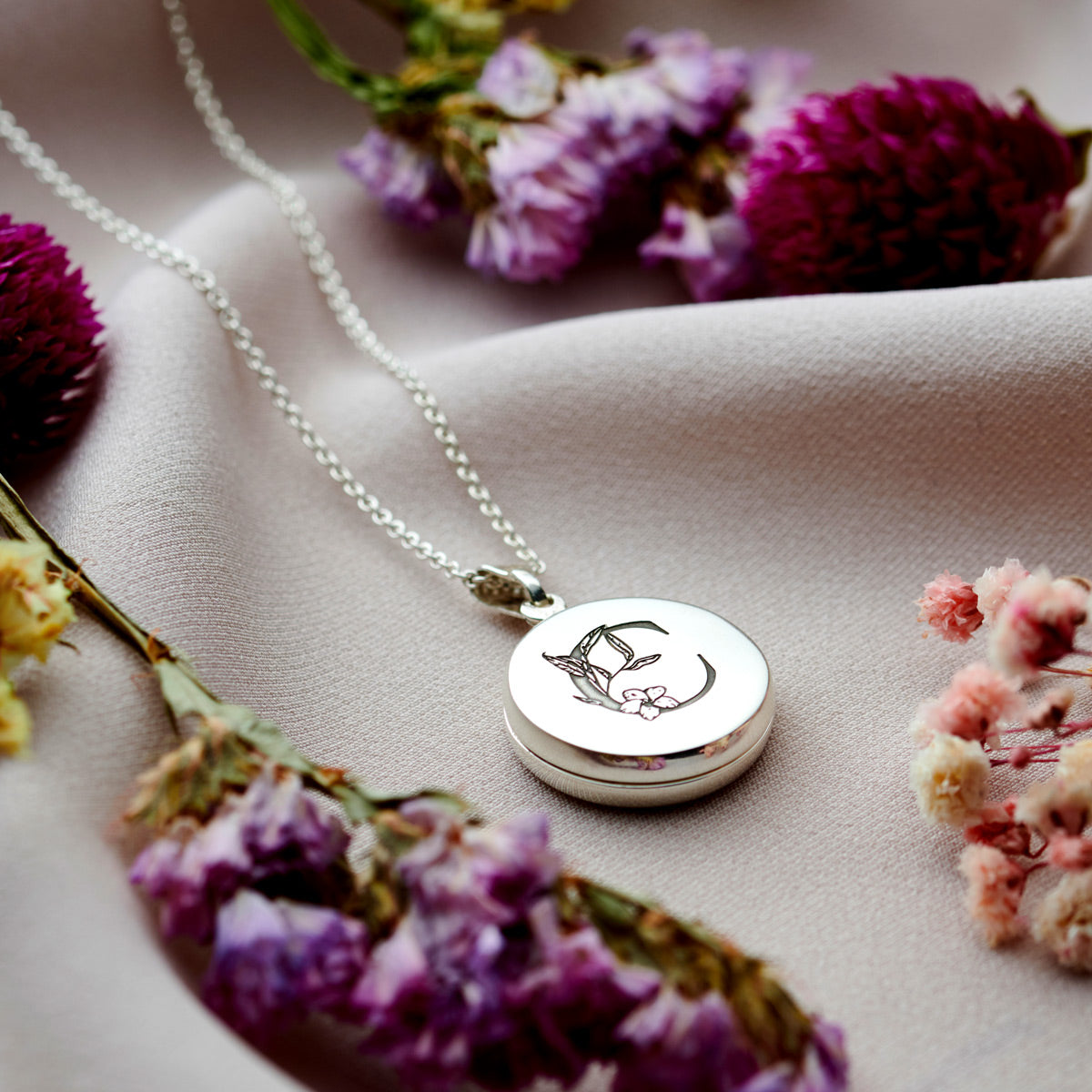 Personalised Floral Engraved Initial Locket Necklace