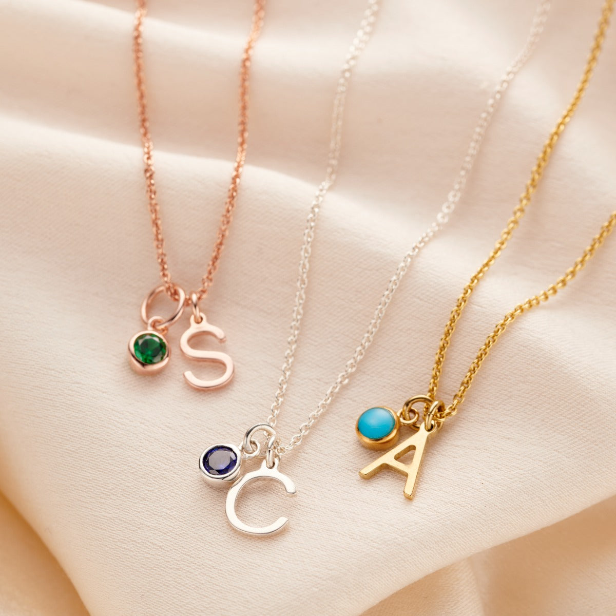 Birthstone & Initial Letter Charm Necklace