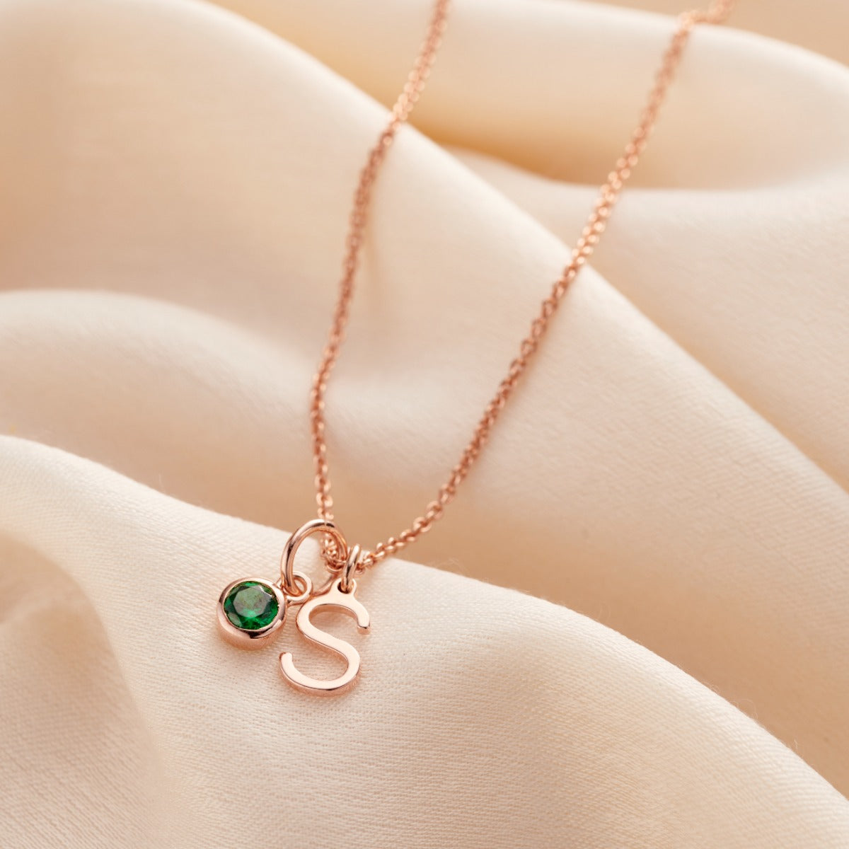 Birthstone & Initial Letter Charm Necklace