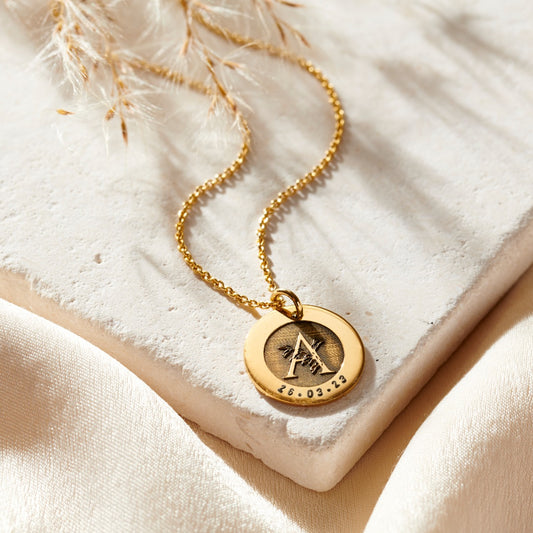 Floral Engraved Initial & Date Necklace