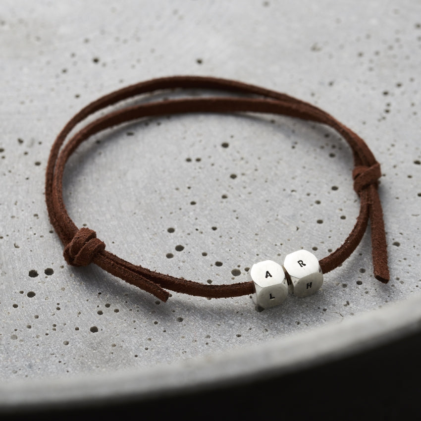 Personalised Men's Silver Cube Leather Bracelet