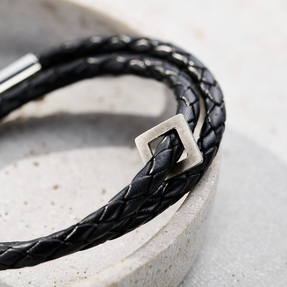 Personalised Men's Silver & Leather Geometric Bracelet