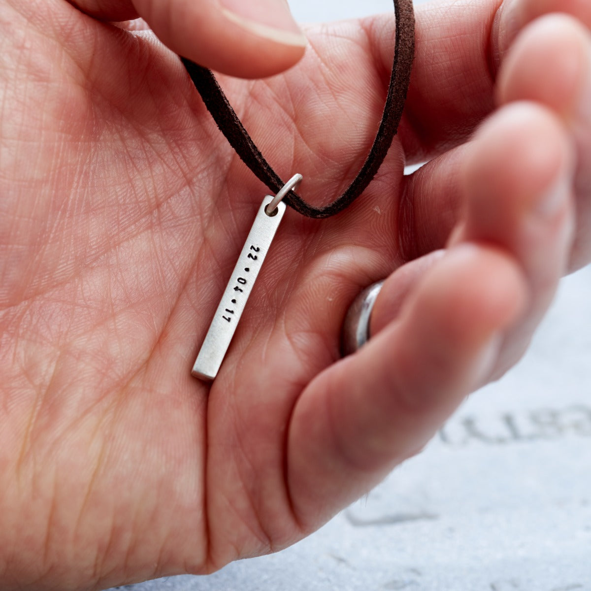 Personalised Men's Silver Bar Necklace With Leather Cord