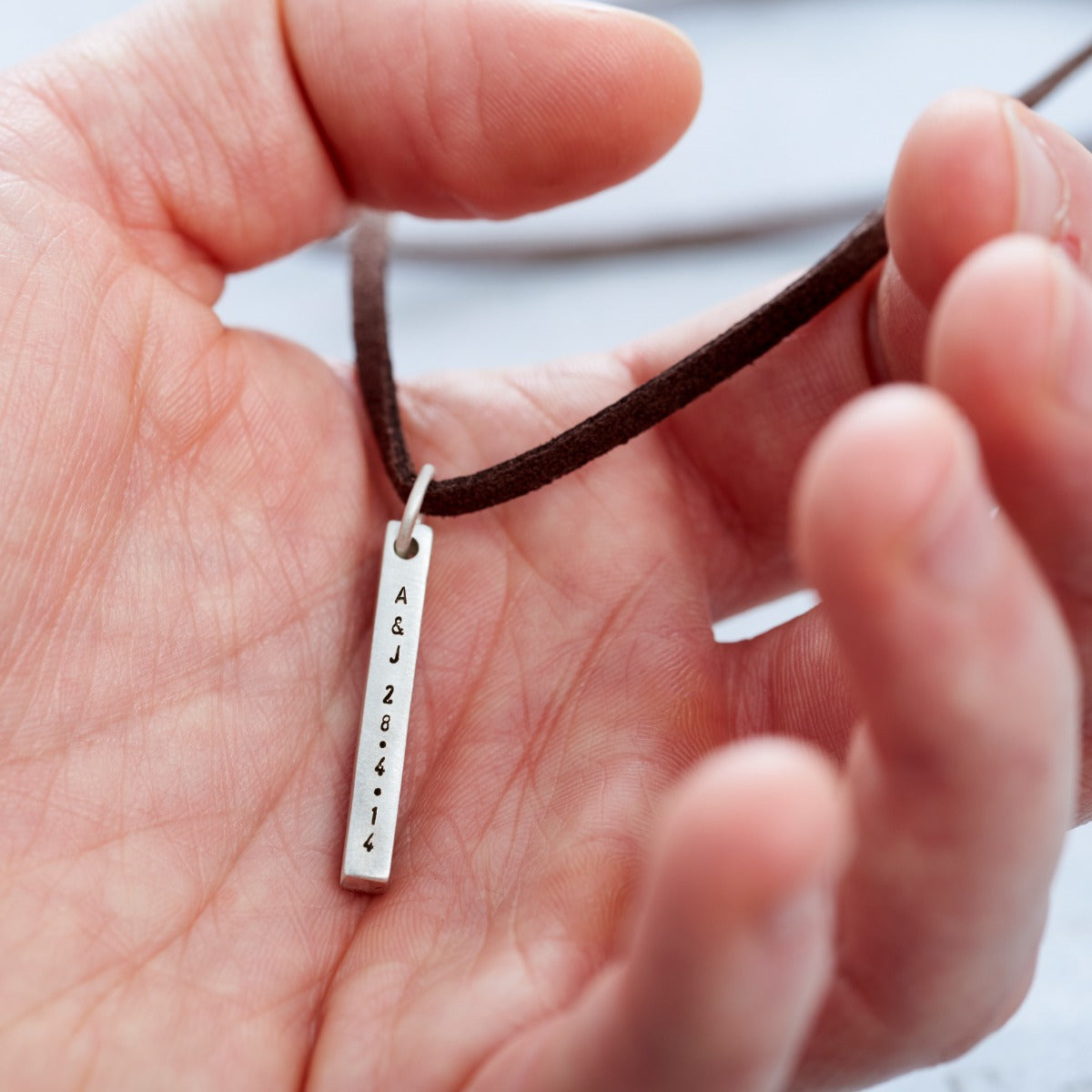 Personalised Men's Silver Bar Necklace With Leather Cord