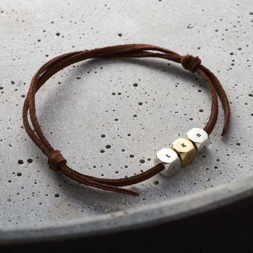 Personalised Men's Silver Cube Leather Bracelet