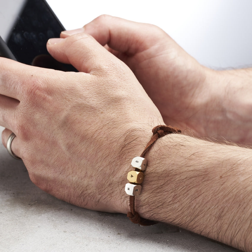 Personalised Men's Silver Cube Leather Bracelet