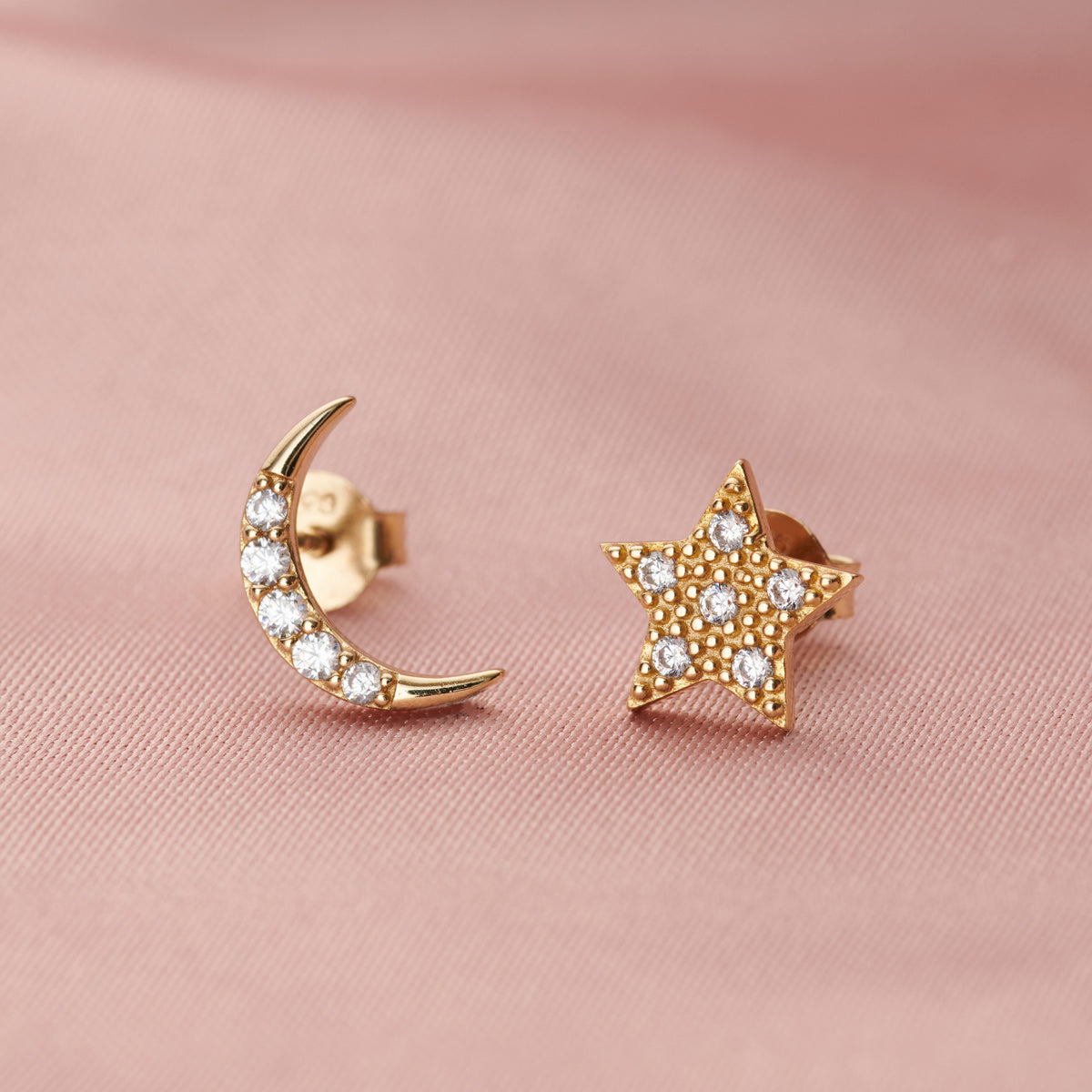 Moon & Star Stud Earrings with Cubic Zirconia