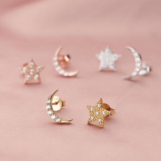 Moon & Star Stud Earrings with Cubic Zirconia