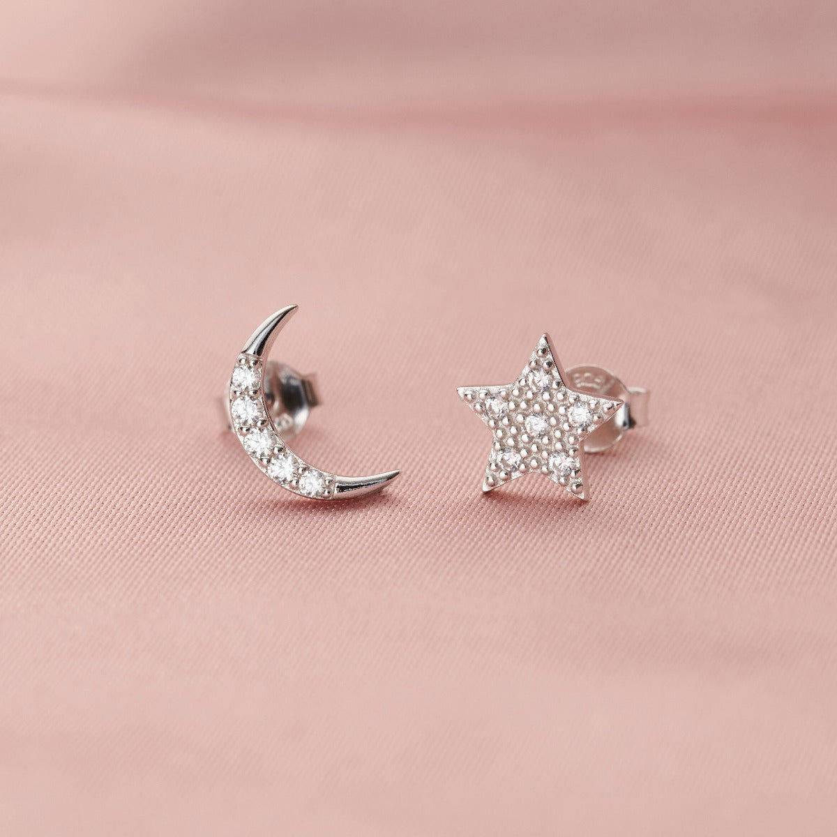 Moon & Star Stud Earrings with Cubic Zirconia