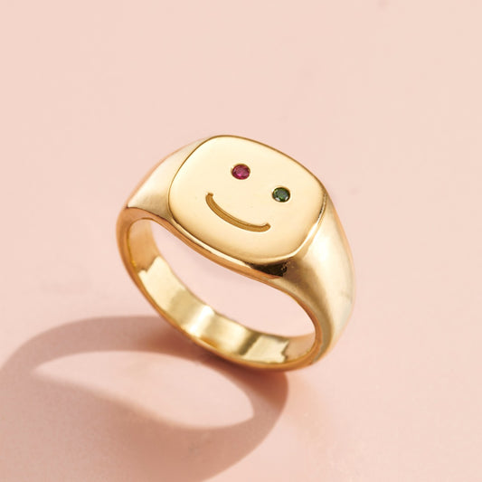 Happy Face Birthstone Signet Ring