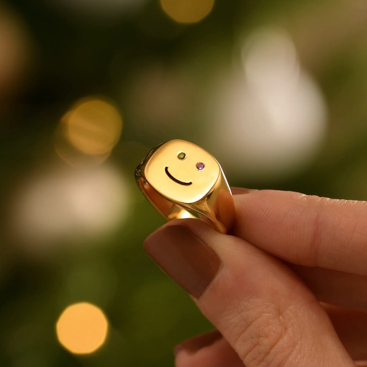 Happy Face Birthstone Signet Ring