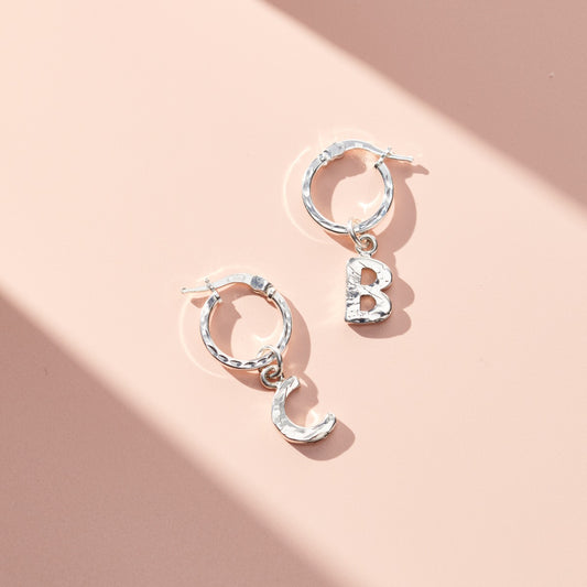 Textured Letter Charm Hoop Earrings