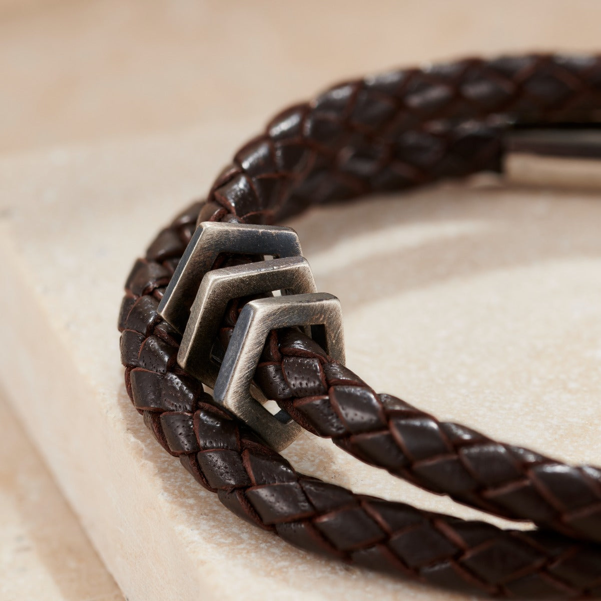 Personalised Men's Silver & Leather Geometric Bracelet