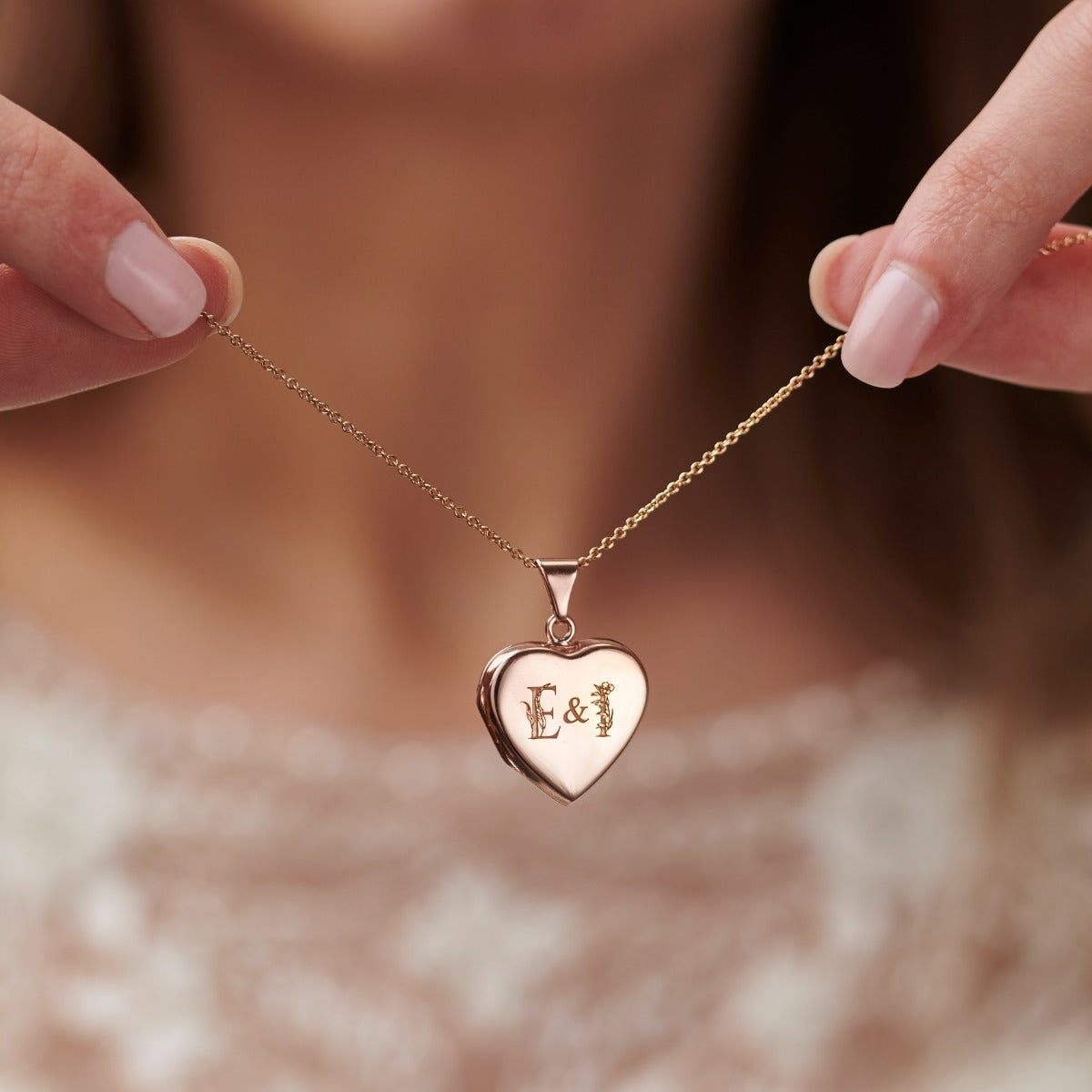 Floral Wedding Initials Heart Locket Necklace